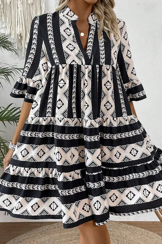 Tiered Printed Notched Half Sleeve Dress - Classique Collection