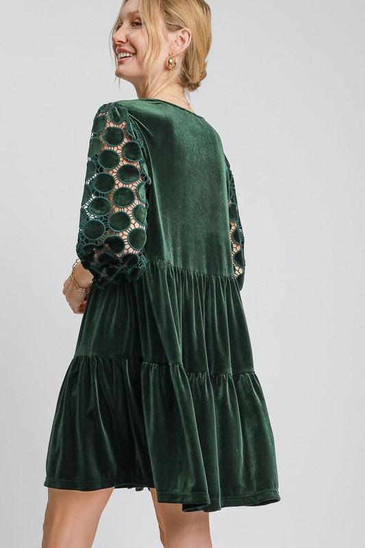 Umgee Dotted Lace Sleeve Tiered Velvet Mini Dress - Classique Collection