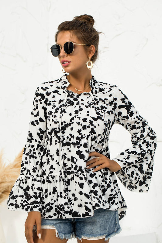 Printed Flare Sleeve Tie Neck Ruffle Trim Blouse - Classique Collection