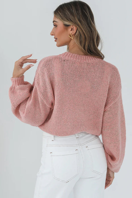 Peach Blossom Solid Color Big Flower Drop Shoulder Sweater Shewin