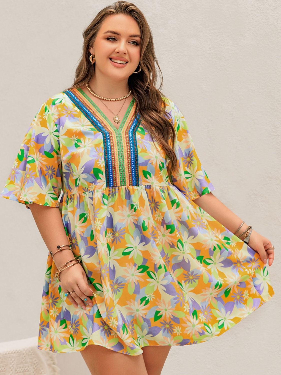 Plus Size Printed V-Neck Half Sleeve Mini Dress - Classique Collection