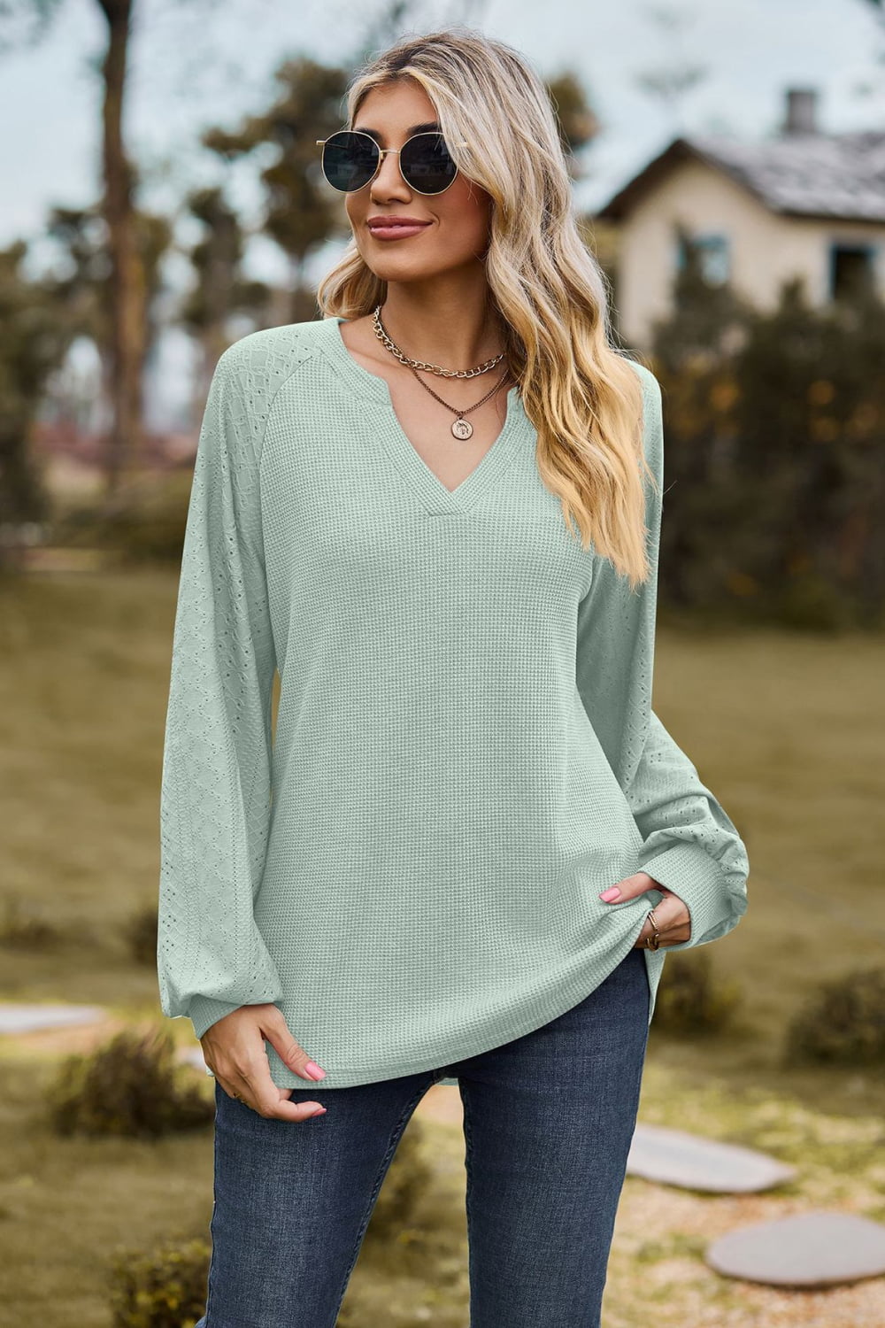 Notched Neck Raglan Sleeve Blouse - Classique Collection