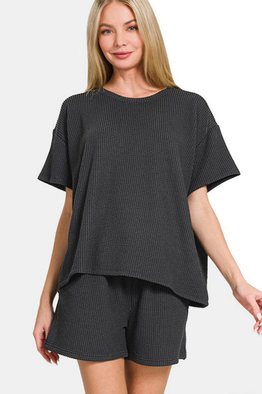 Zenana Rib Short Sleeve T-Shirt and Shorts Set - ClassiQ