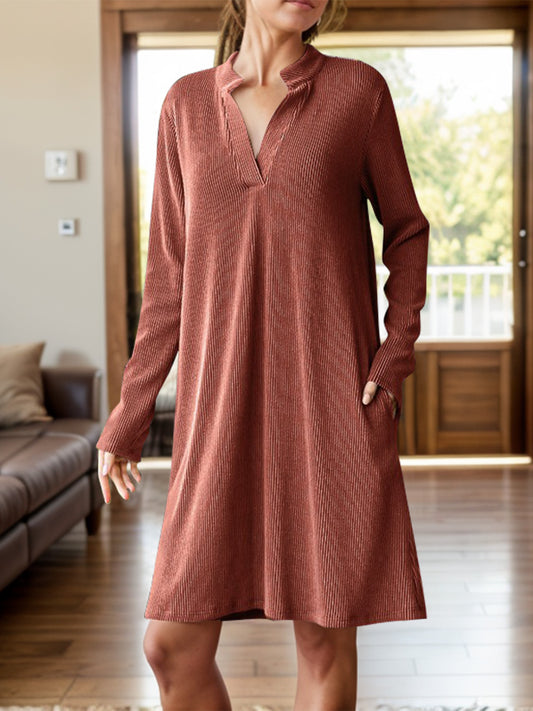 Notched Long Sleeve Mini Dress with Pockets - Classique Collection