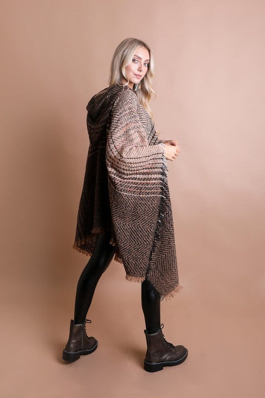 Herringbone Tweed Hooded Frayed Edge Poncho - Classique Collection
