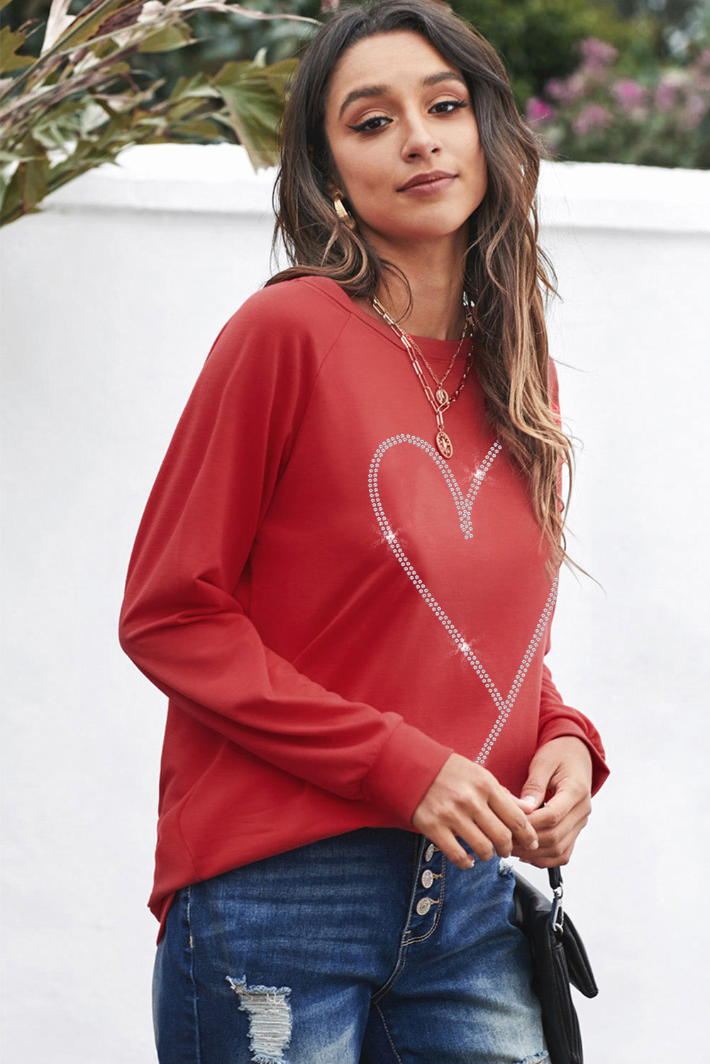 Heart Round Neck Long Sleeve Sweatshirt - ClassiQ