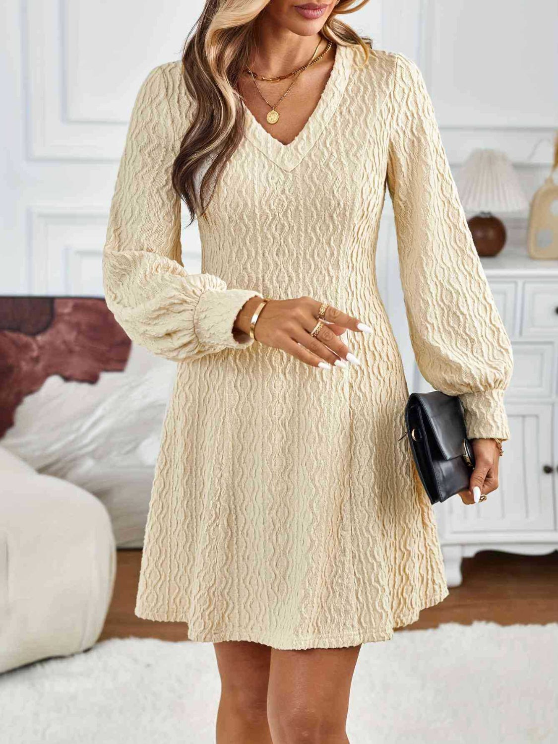Lace Detail V-Neck Long Sleeve Dress - Classique Collection