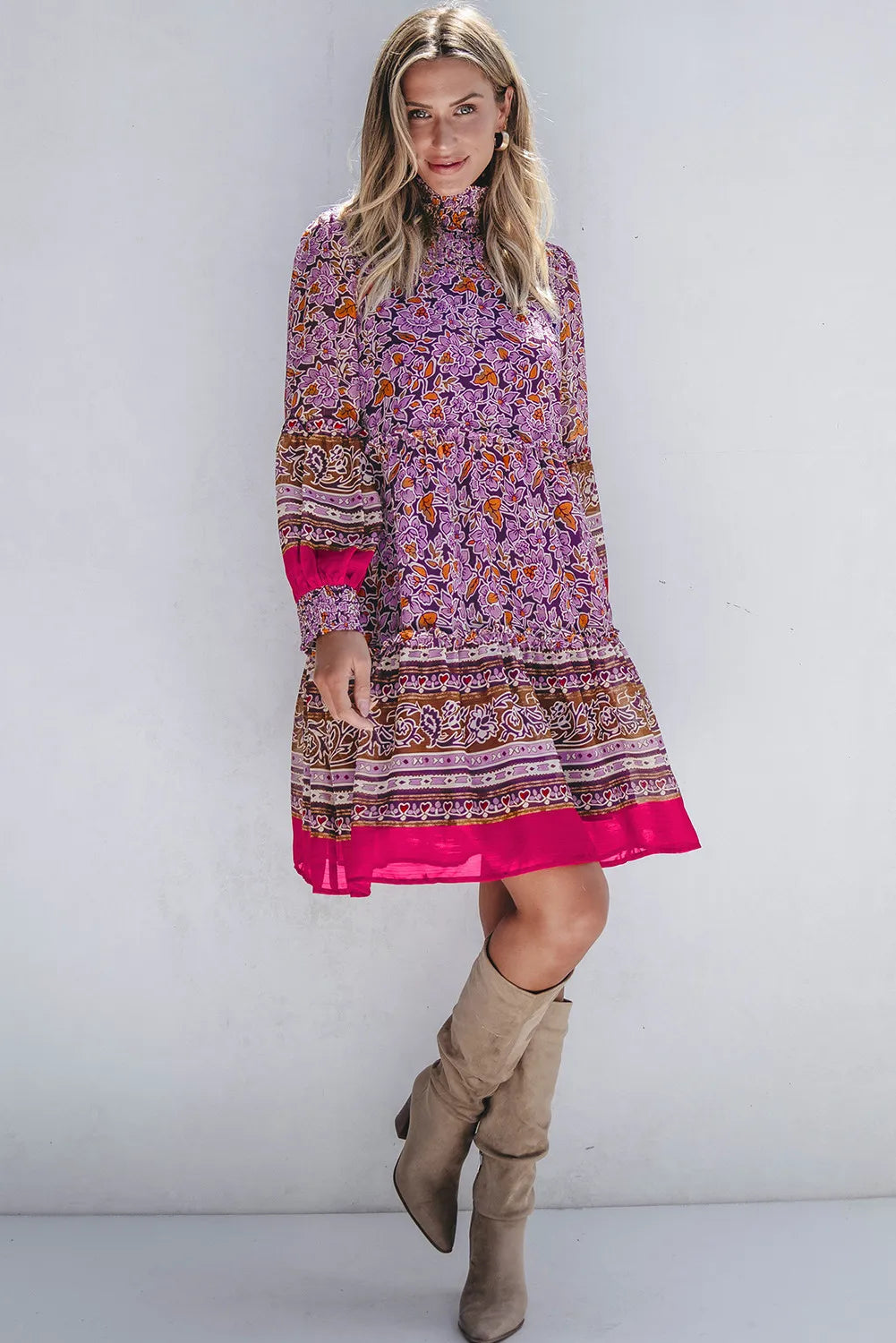 Smocked Floral Turtleneck Long Sleeve Dress - Classique Collection