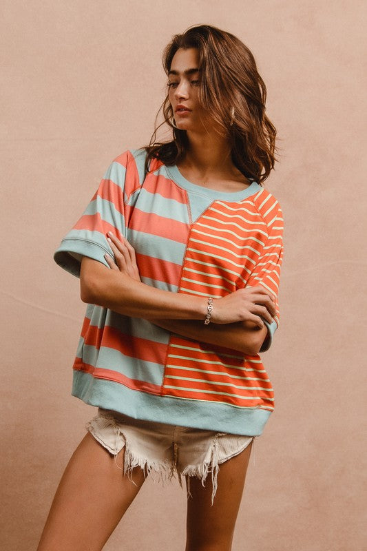 BiBi Striped Round Neck Half Sleeve French Terry Top - ClassiQ