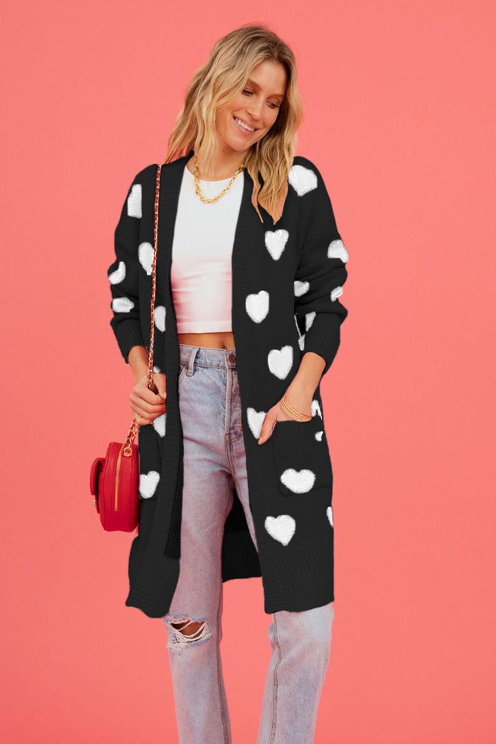 Heart Graphic Open Front Cardigan with Pockets - ClassiQ