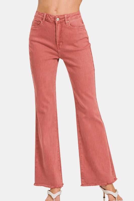 Zenana Acid Washed Frayed Hem Bootcut Jeans - Classique Collection