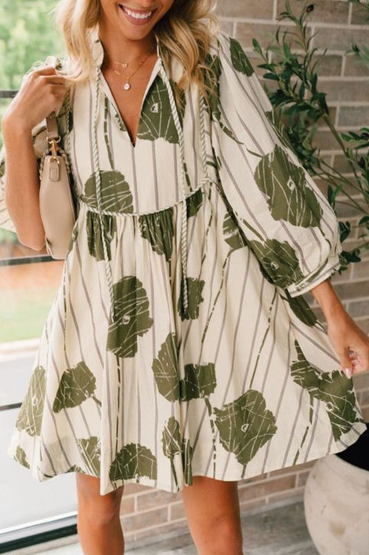 Printed Tie Neck Three-Quarter Sleeve Mini Dress - Classique Collection