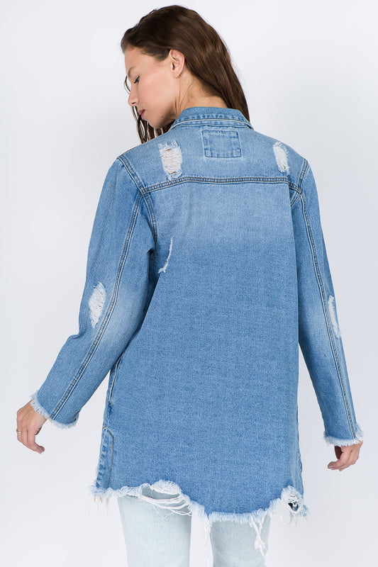 American Bazi Distressed Frayed Hem Denim Jacket - ClassiQ