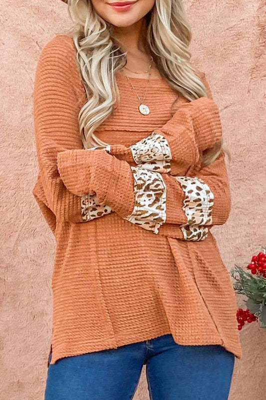 Waffle-Knit Leopard Long Sleeve Slit Blouse - Classique Collection