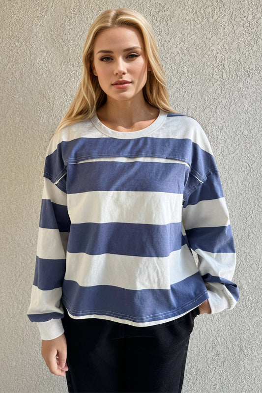 Oh Pima Cotton Wash Exposed Seam Contrast Striped Round Neck Long Sleeve T-Shirt - Classique Collection