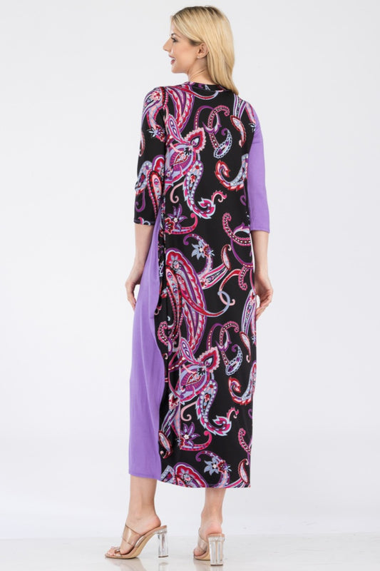 Celeste Full Size Paisley Contrast Midi Dress with Pockets - Classique Collection