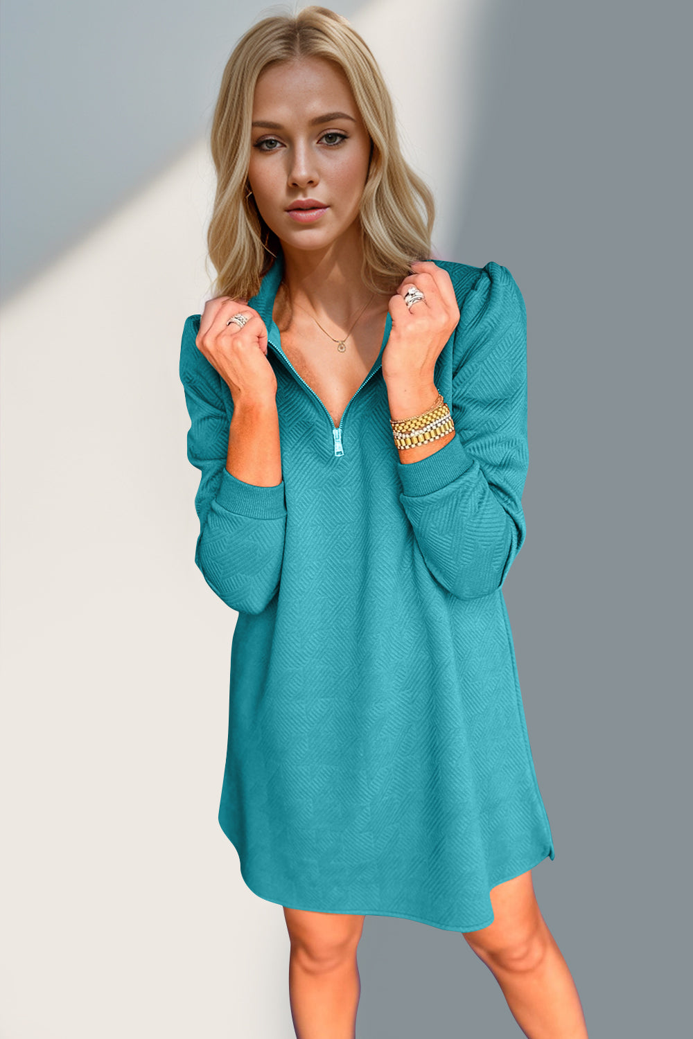 Double Take Textured Quarter Zip Long Sleeve Dress - Classique Collection