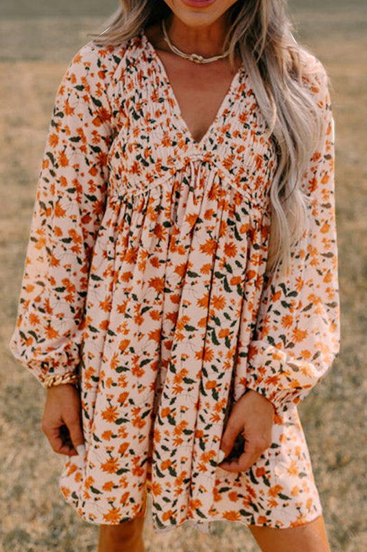 Smocked Printed V-Neck Long Sleeve Dress - Classique Collection