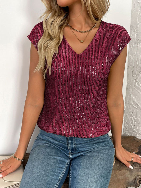 Sequin V-Neck Cap Sleeve Top - Classique Collection