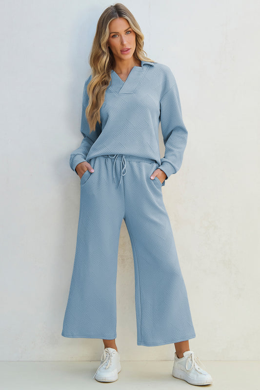 Textured Collared Neck Top and Wide Leg Pants Set - ClassiQ