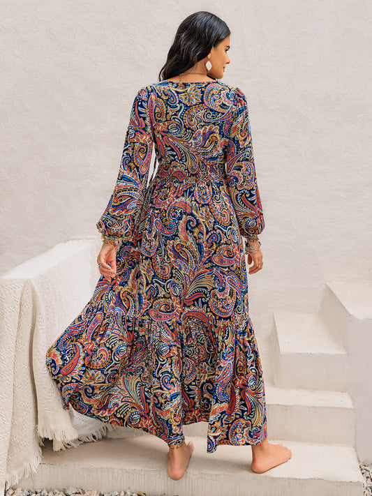 Printed Tie Neck Long Sleeve Midi Dress - Classique Collection