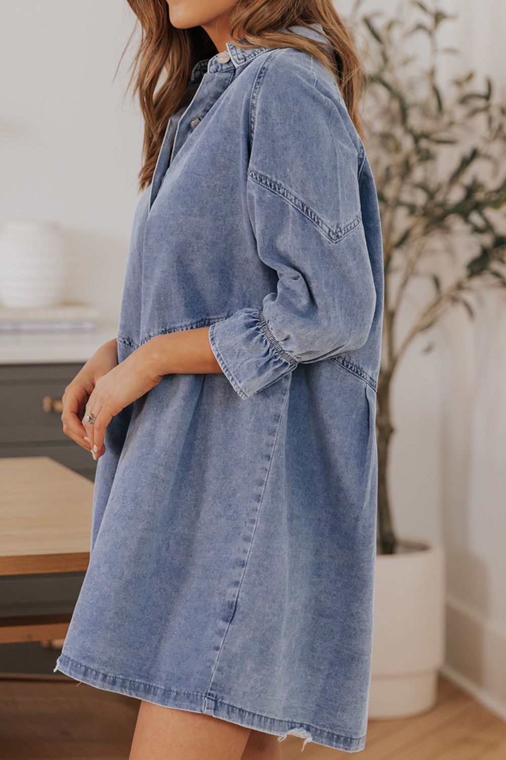 Distressed Collared Neck Flounce Sleeve Denim Dress - Classique Collection