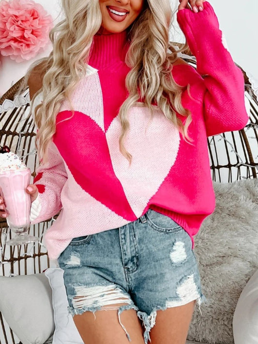 Valentine's Day Heart Turtleneck Cold Shoulder Sweater - ClassiQ