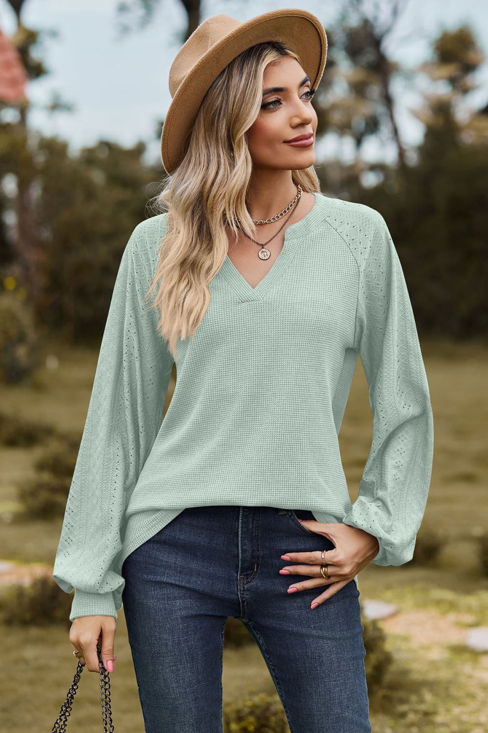Notched Neck Raglan Sleeve Blouse - Classique Collection