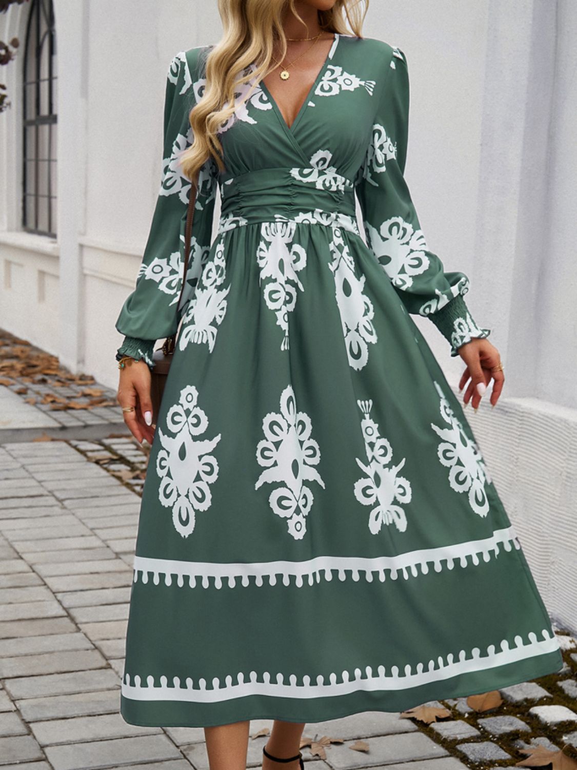 Devine Printed Surplice Lantern Sleeve Midi Dress - Classique Collection