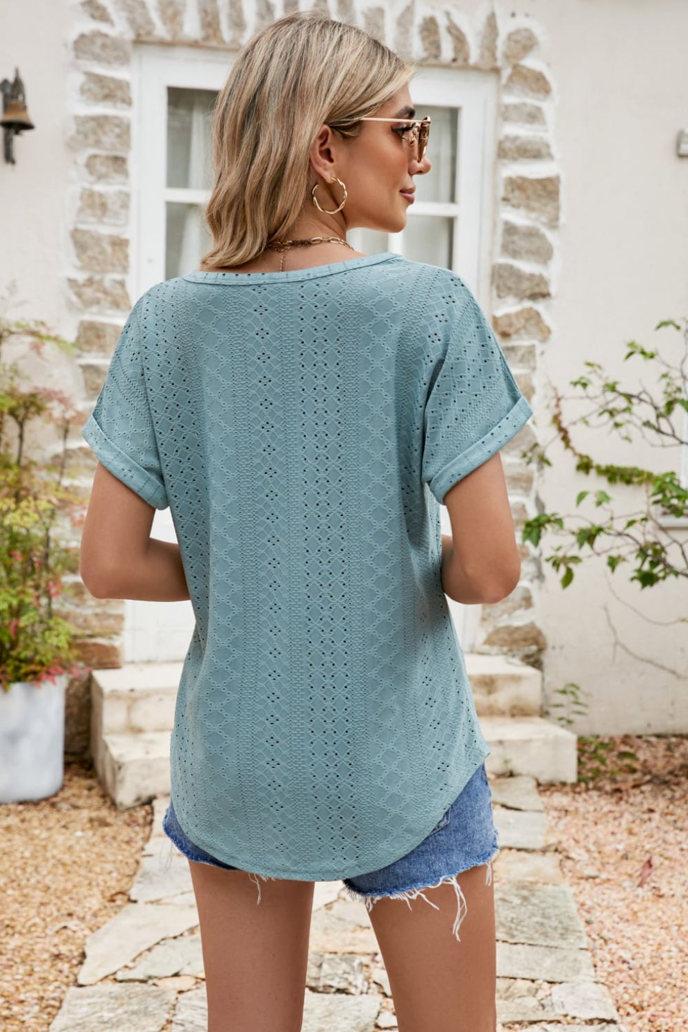 Full Size Round Neck Eyelet Short Sleeve Top - Classique Collection