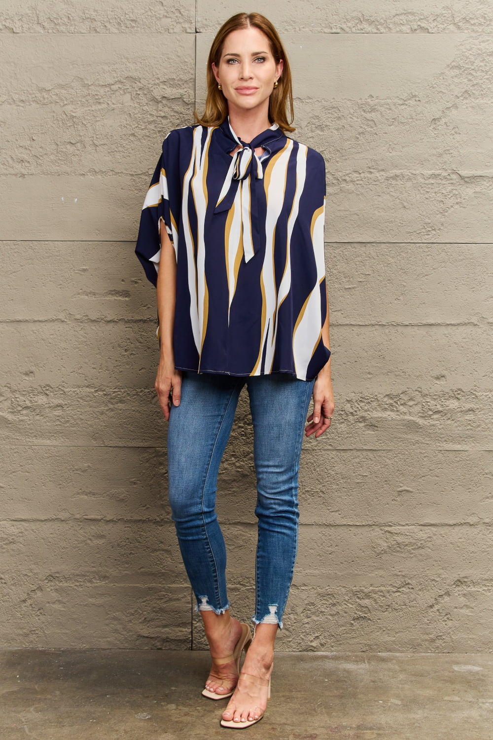 Perfee Tie Neck Printed Slit Sleeve Blouse - Classique Collection