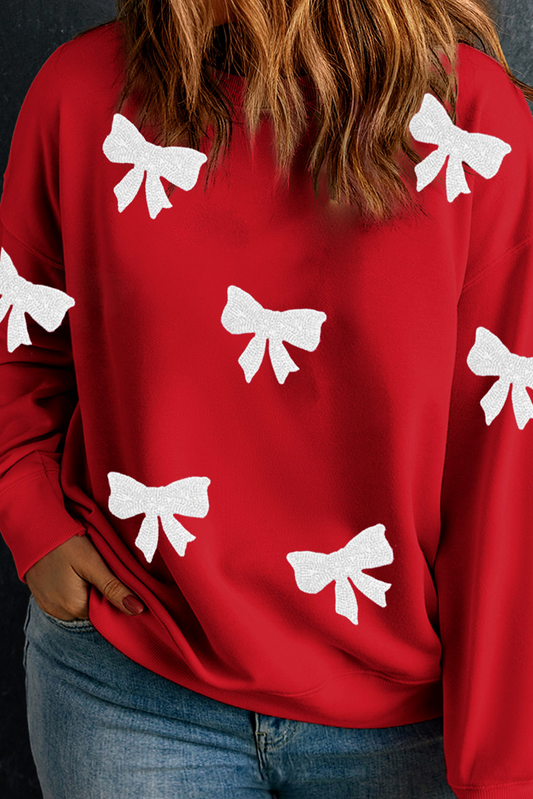 Racing Red Bow Pattern Drop Shoulder Crewneck Sweatshirt - ClassiQ