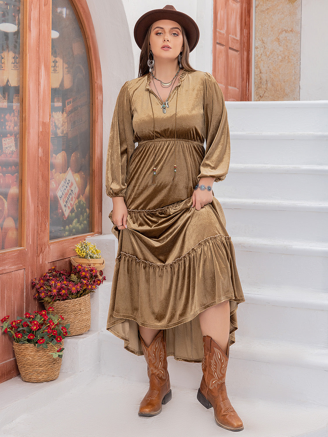Plus Size Frill Tie Neck Long Sleeve Dress - Classique Collection
