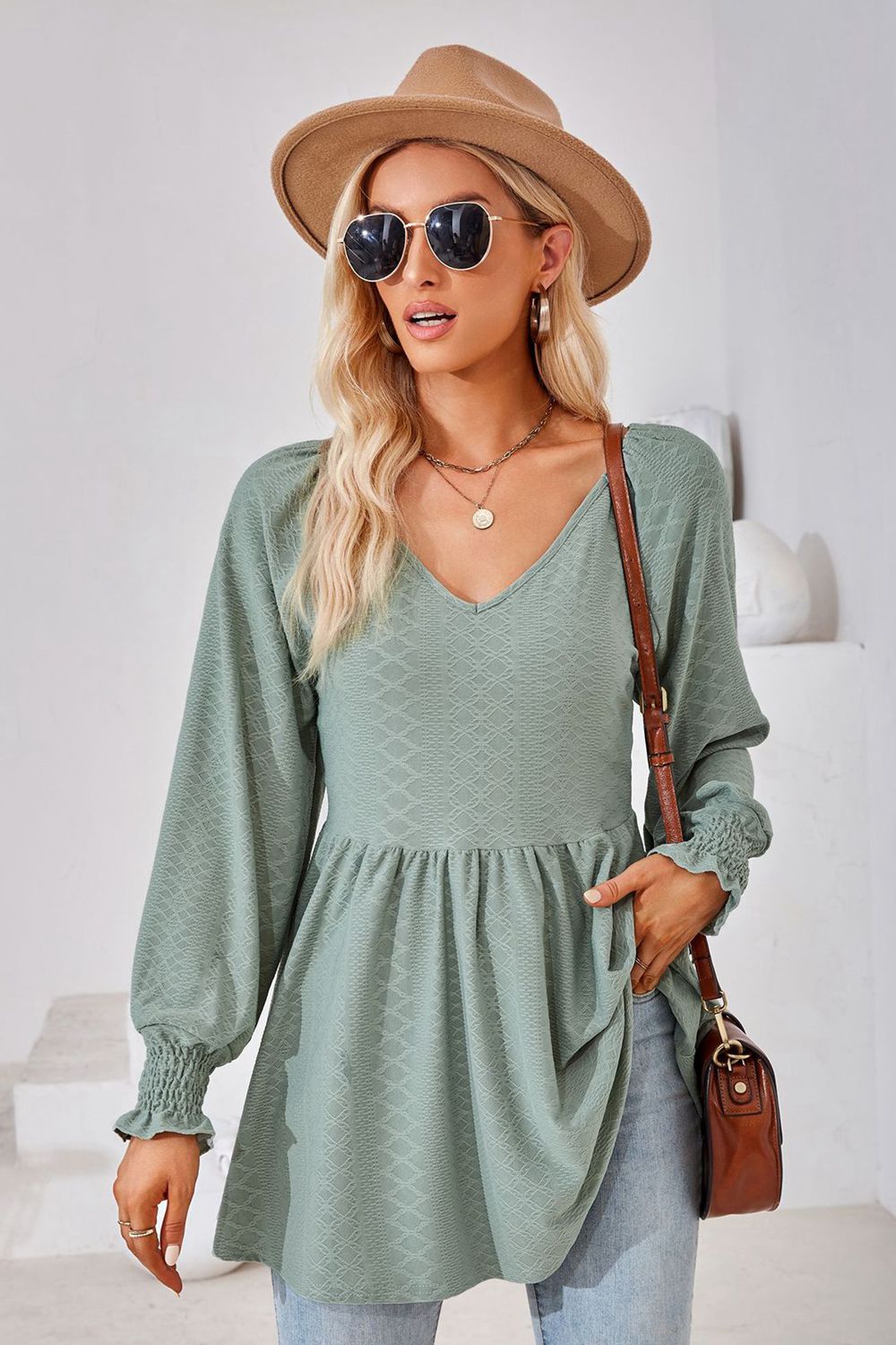 V-Neck Lantern Sleeve Blouse - Classique Collection