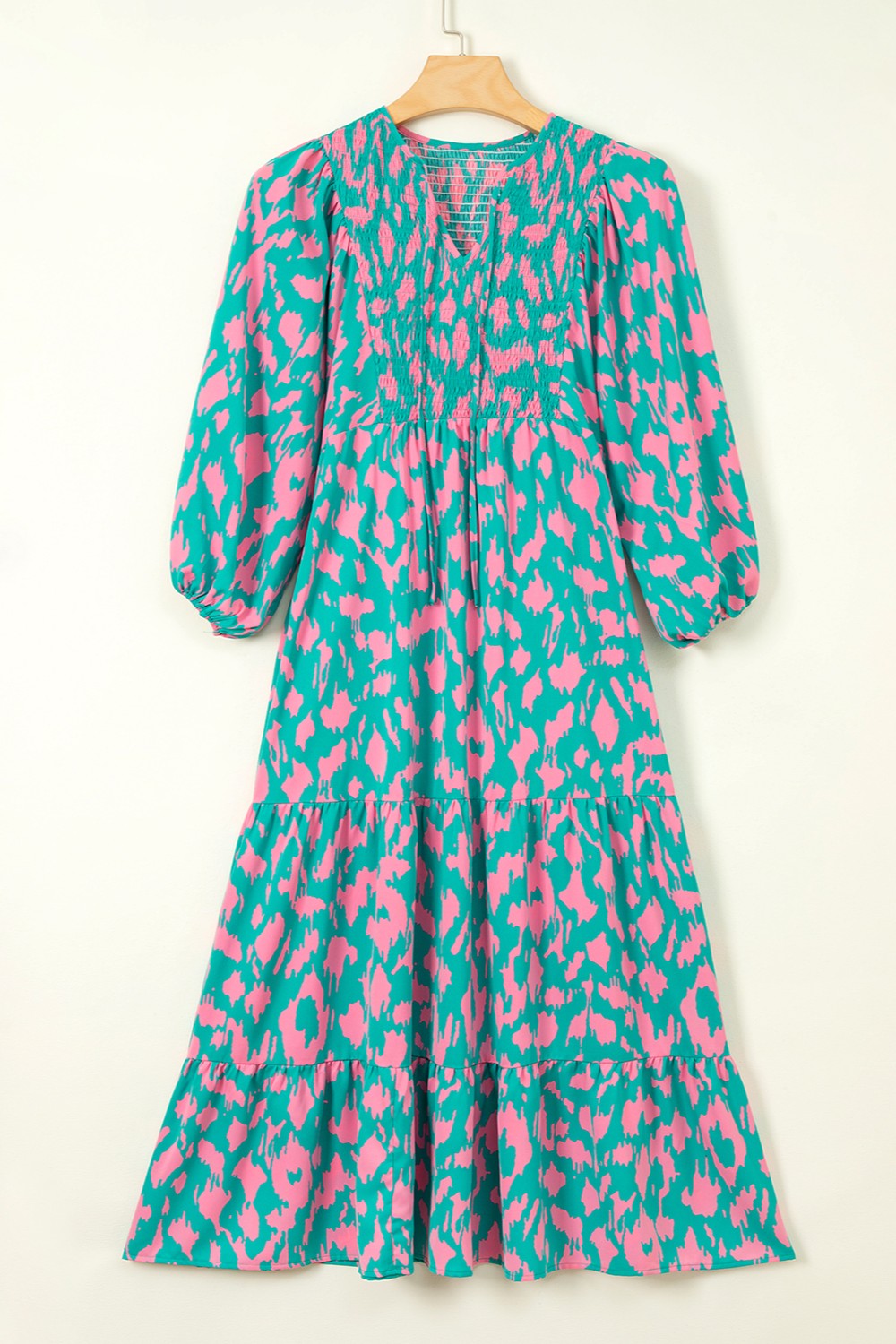 Smocked Printed Tie Neck Long Sleeve Dress - Classique Collection