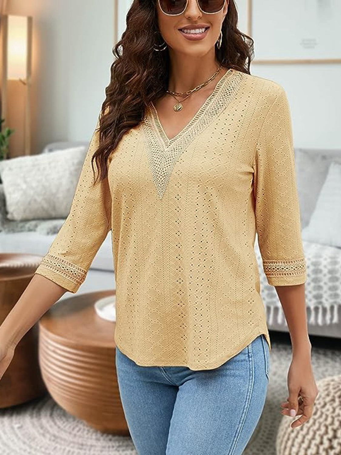 V-Neck Eyelet Blouse - Classique Collection