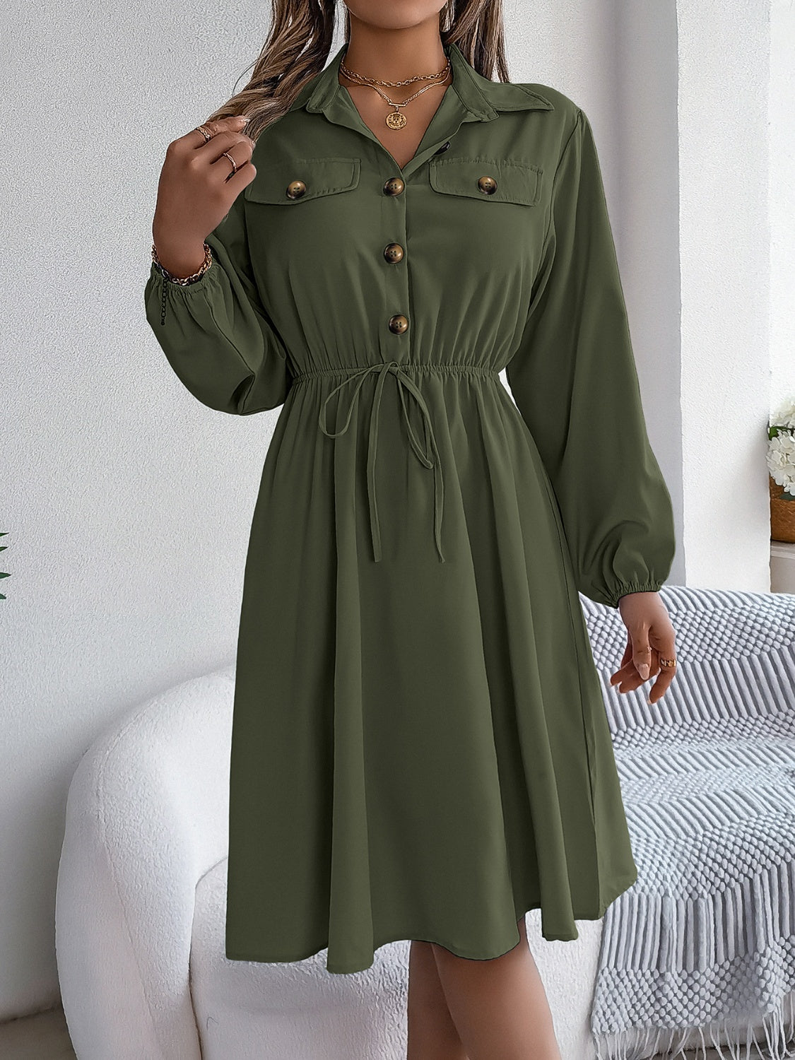 Collared Neck Long Sleeve Dress with Pockets - Classique Collection