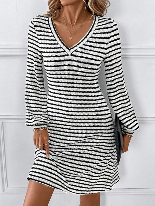 Striped V-Neck Long Sleeve Dress - Classique Collection
