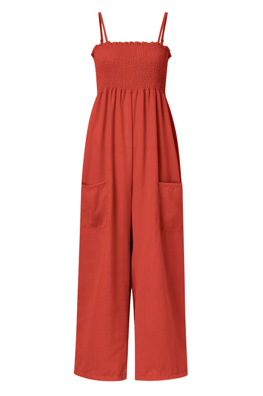 Smocked Spaghetti Strap Wide Leg Jumpsuit - ClassiQ
