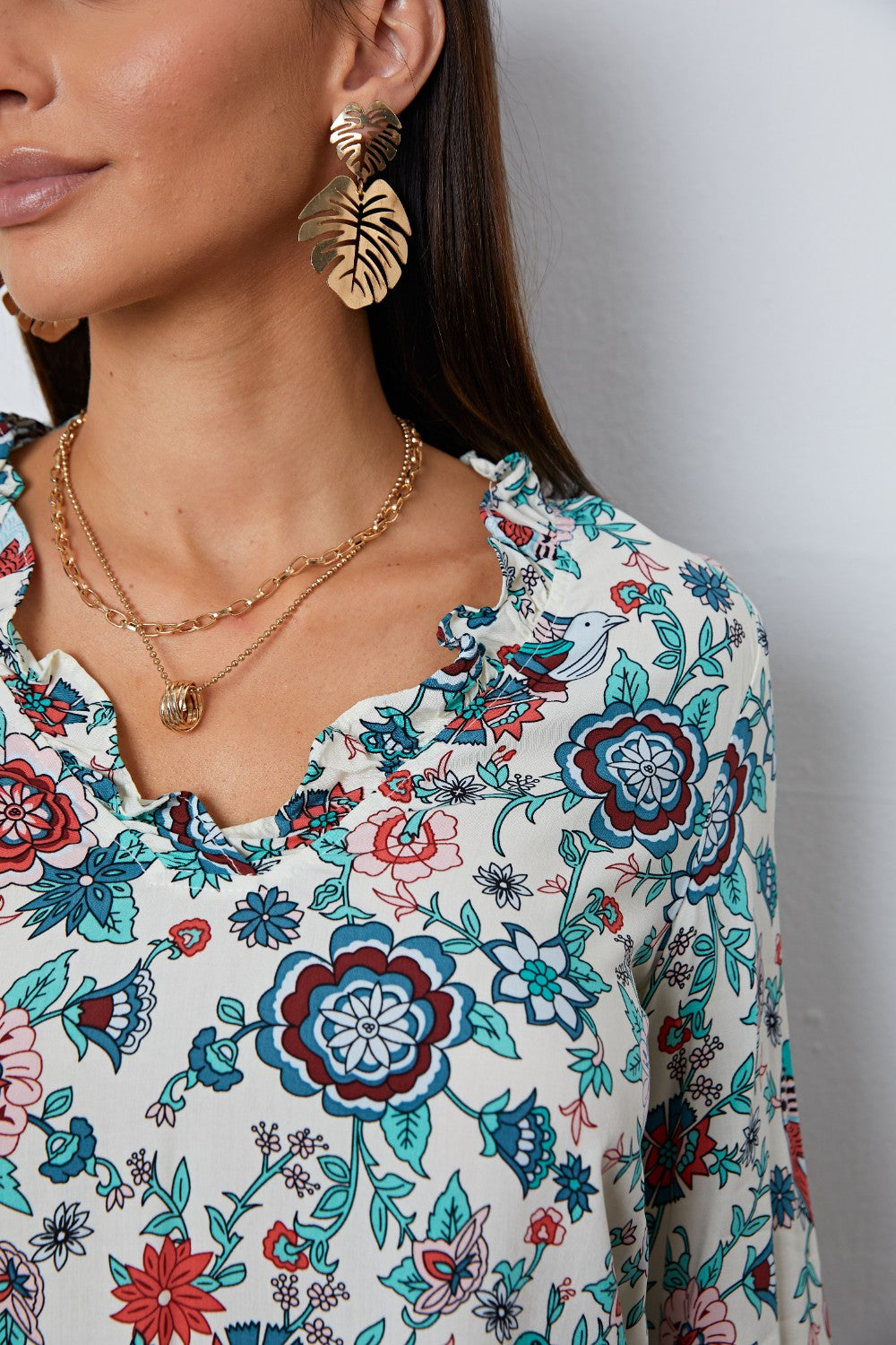 Floral Notched Long Sleeve Blouse - Classique Collection