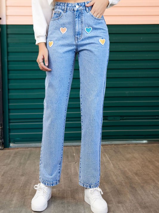 Heart Straight Leg Jeans with Pockets - ClassiQ
