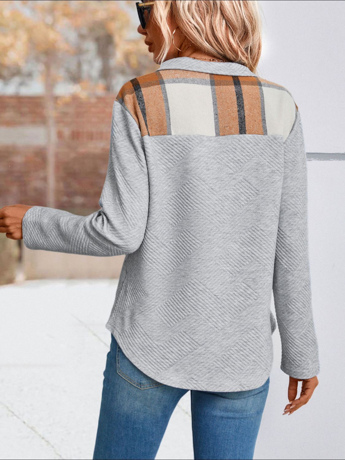 Perfee Spliced Plaid Quarter-Snap Mock Neck Top - Classique Collection