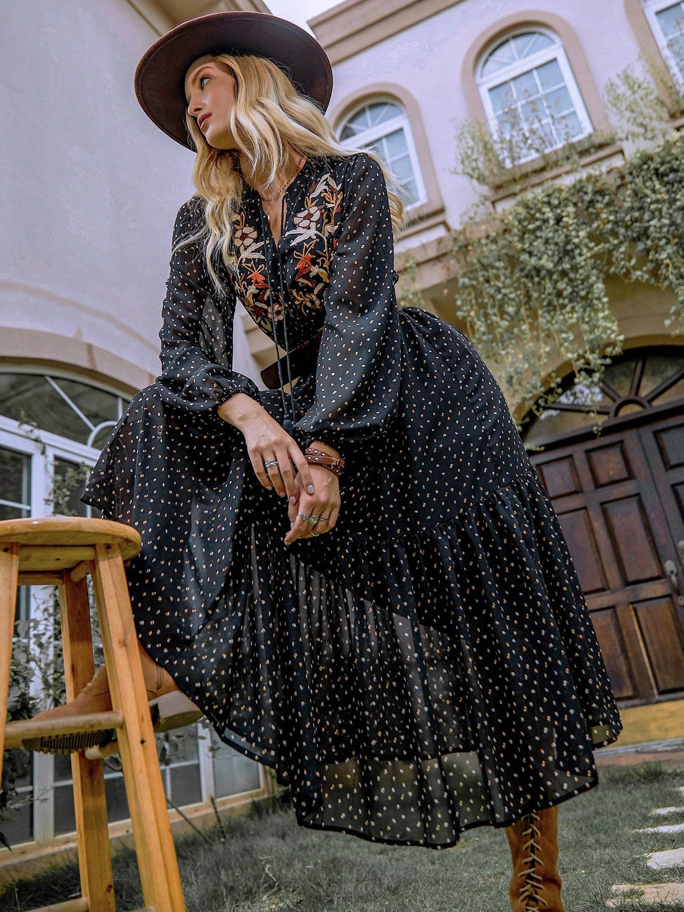 Embroidered Polka Dot Tie Neck Long Sleeve Midi Dress - Classique Collection