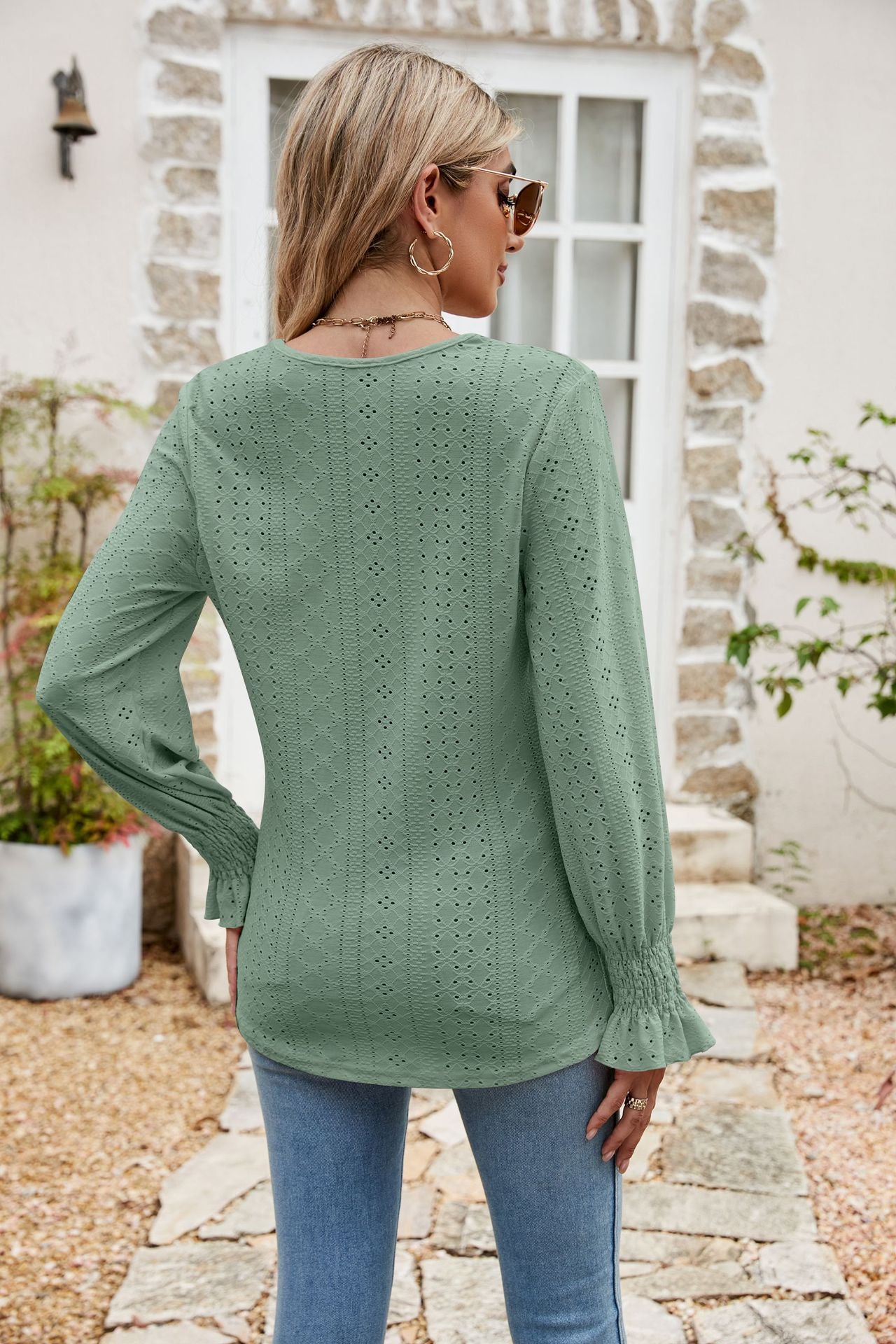 Eyelet Flounce Sleeve V-Neck Blouse - Classique Collection