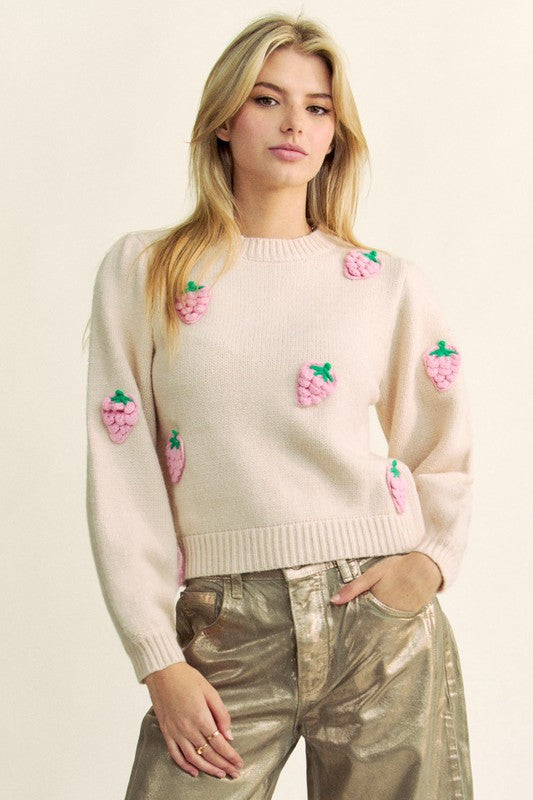 Davi & Dani Crochet Strawberry Round Neck Sweater - Classique Collection