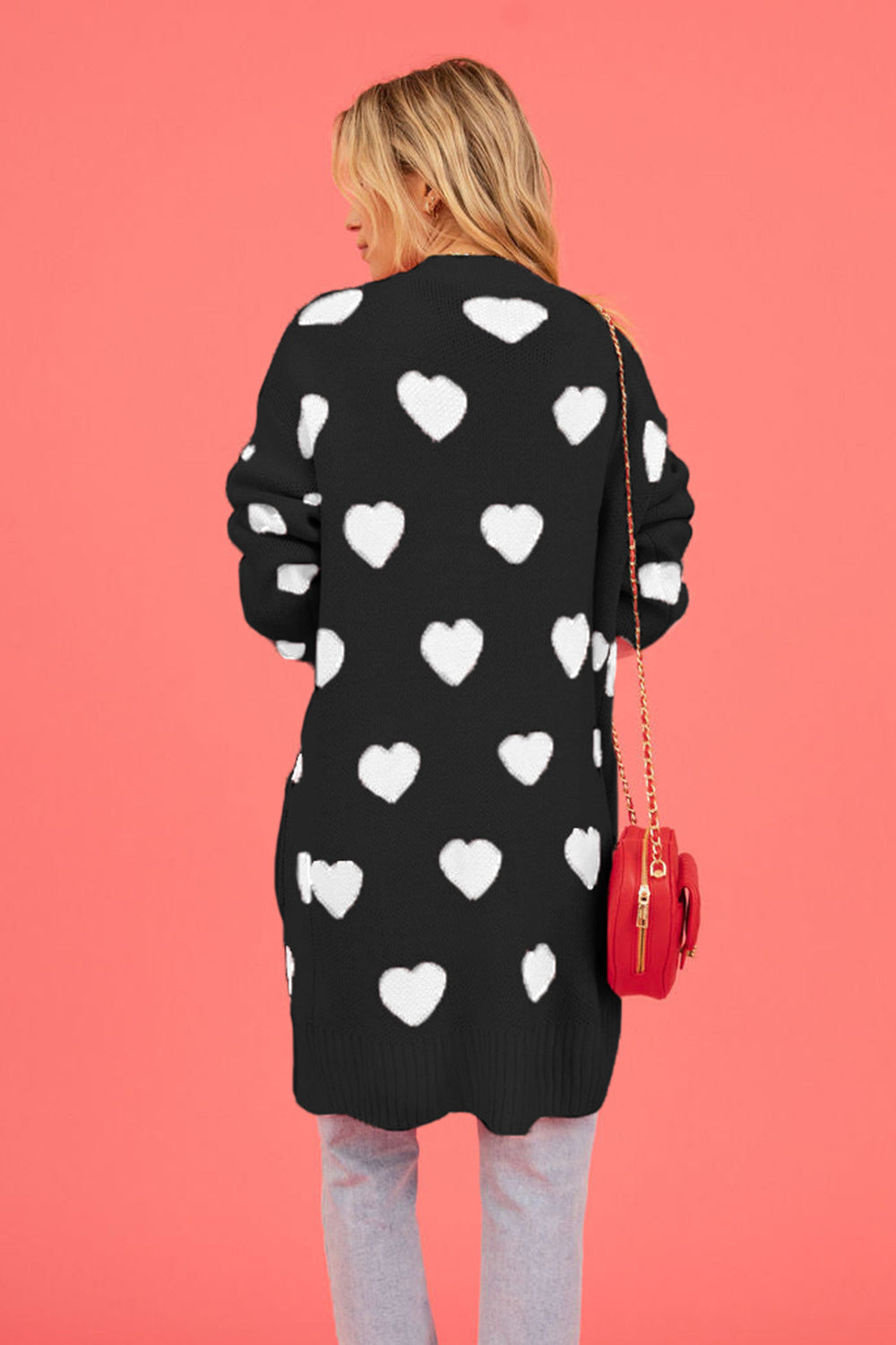 Heart Graphic Open Front Cardigan with Pockets - ClassiQ