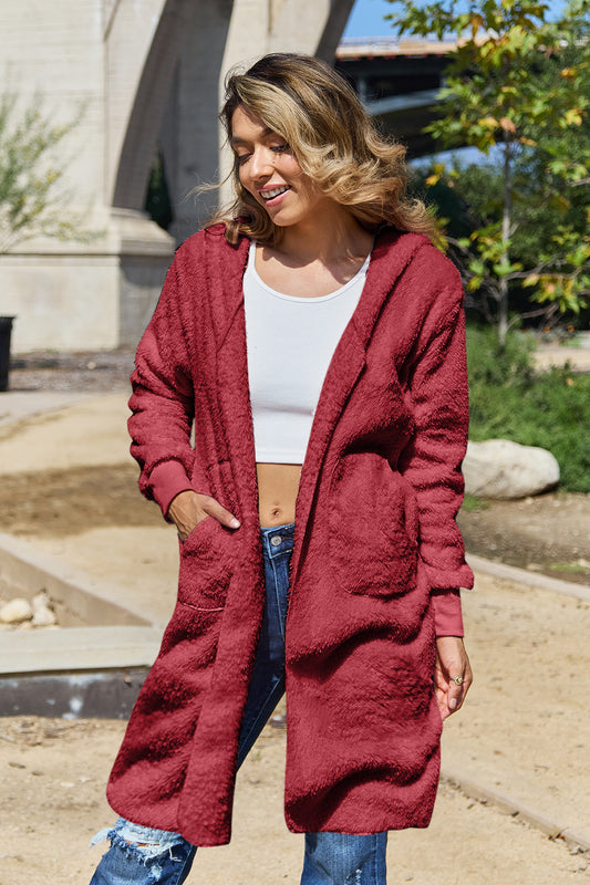Double Take Full Size Hooded Teddy Bear Jacket with Thumbholes - ClassiQ