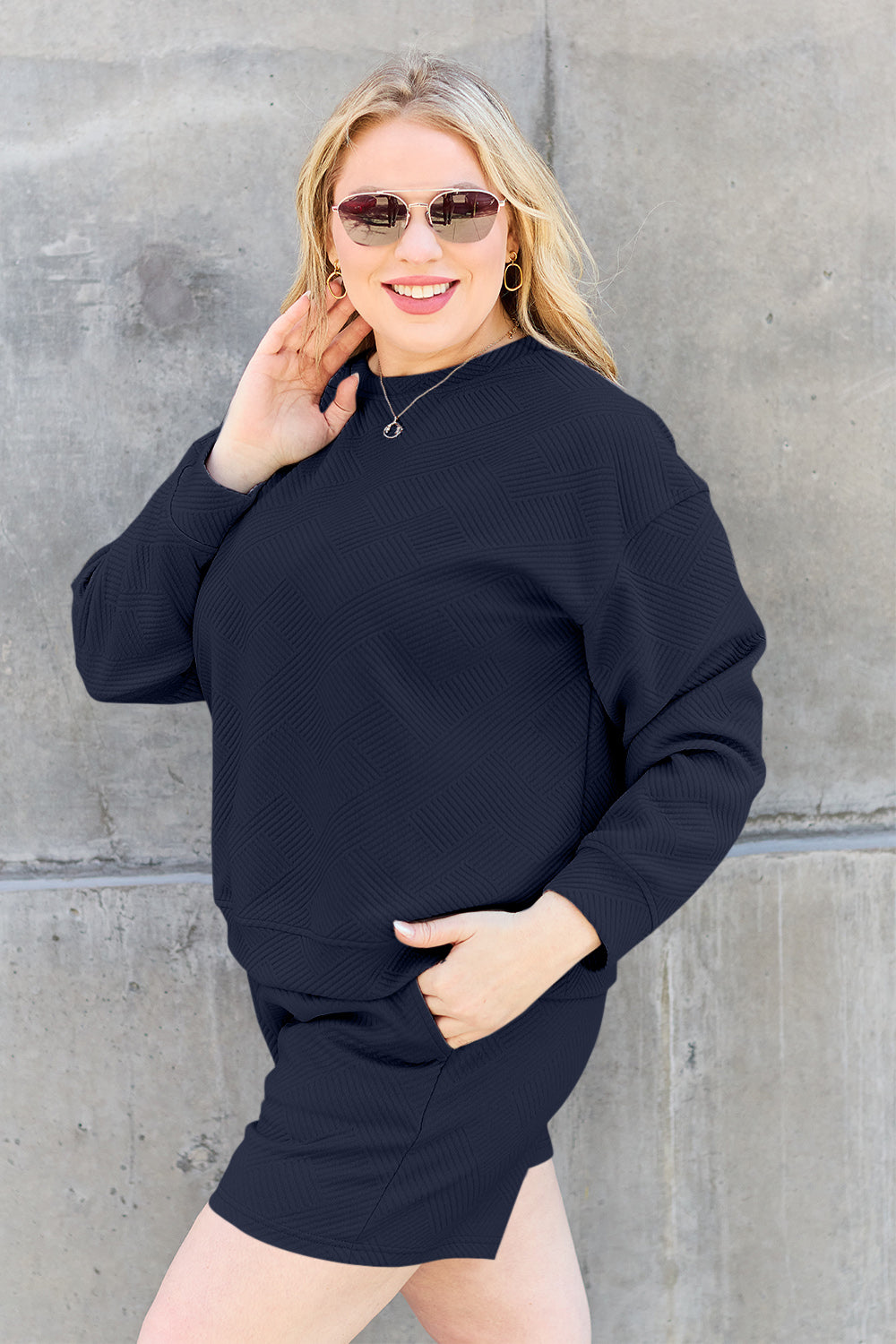 Double Take Full Size Texture Long Sleeve Top and Drawstring Shorts Set - ClassiQ