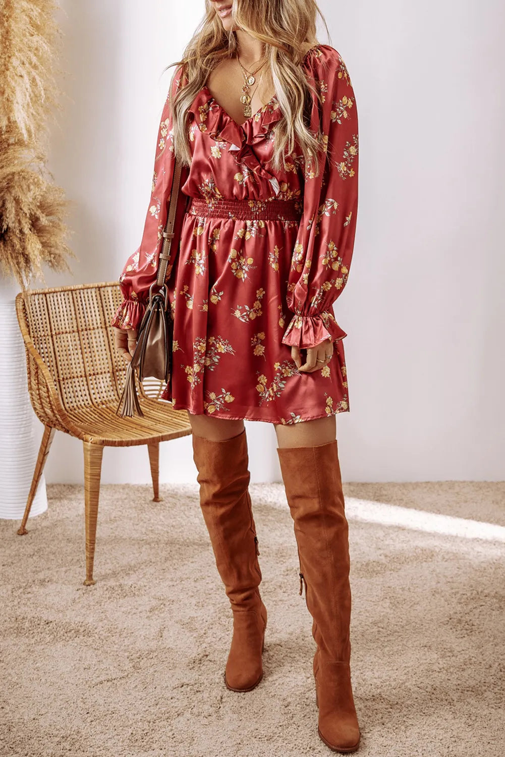 Ruffled Surplice Flounce Sleeve Mini Dress - Classique Collection