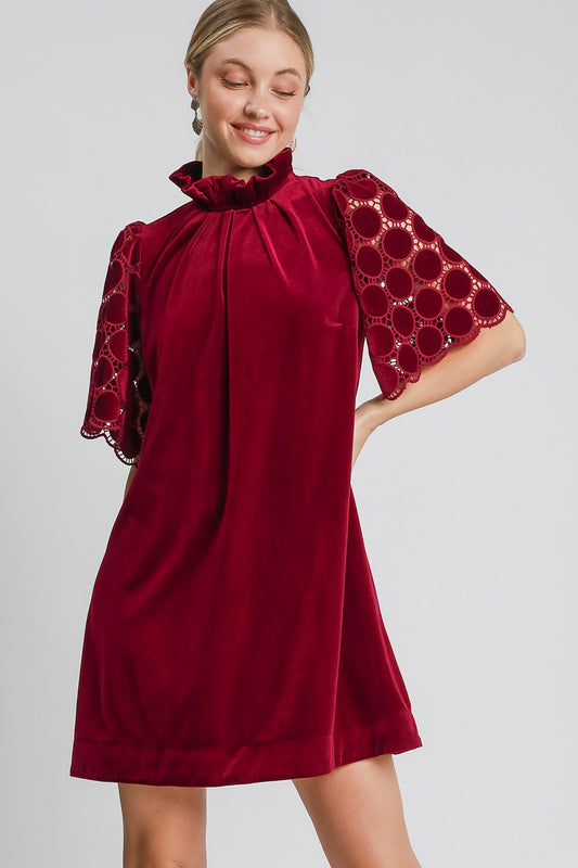 Umgee Dotted Lace Half Sleeve Mock Neck Back Tie Velvet Dress - Classique Collection